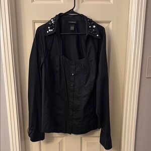 Black Button-Up Shirt with Studded Collar